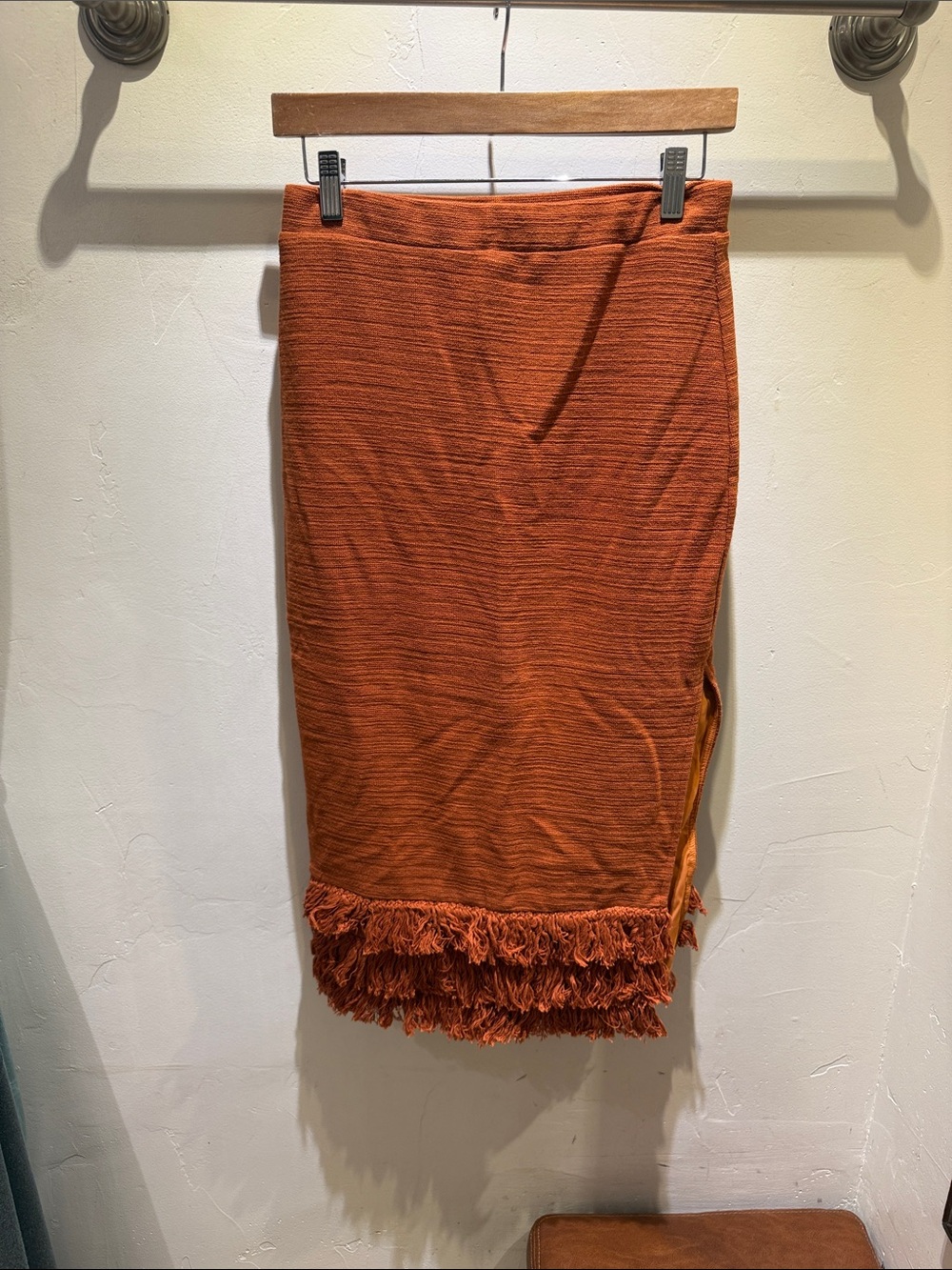 SAYLOR Burnt Orange Fringe-Trim Midi Pencil Skirt